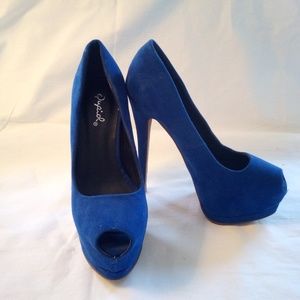 Blue sued peep toe stilettos